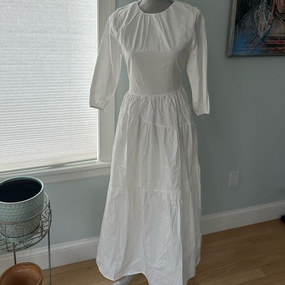 NWT Monn White Semi Sheer Asymmetric Tiered 3/4 sleeve Midi Dress size XS - Picture 4 of 8